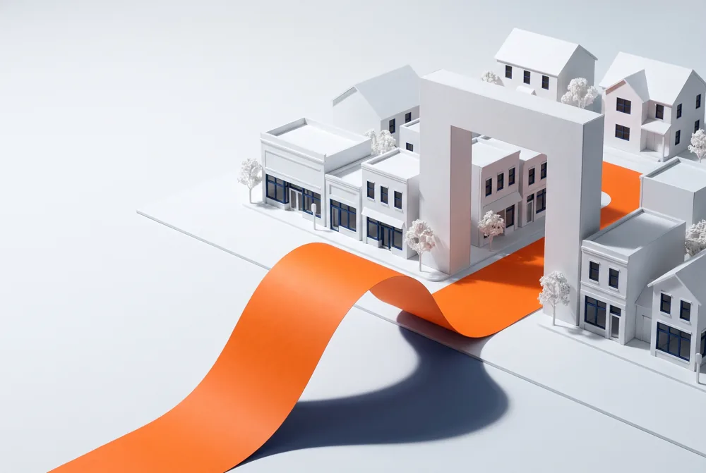 A continuous orange route leads through an open doorway toward local businesses