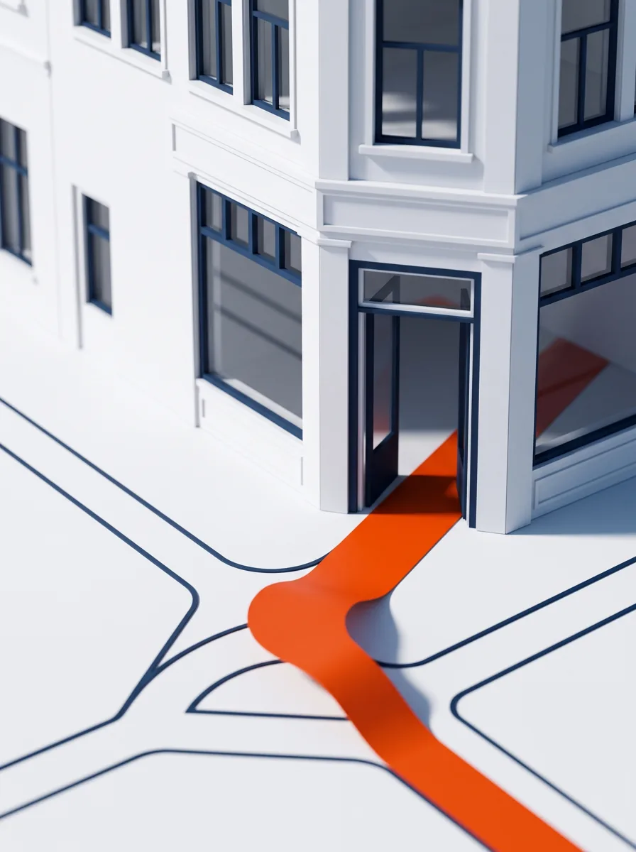 An orange path reaches an open doorway in a miniature business district, illustrating a focused route to opportunity